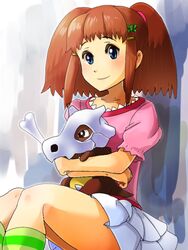  blue_eyes blush boris_(noborhys) brown_hair close_mouth cubone female hair_ornament hairclip miniskirt pokemon pokemon:_the_origin reina_(pokemon) short_hair shoushin_(shoushin04) skirt smile twintails 