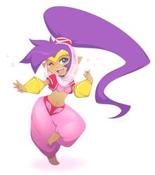  4_toes barefoot blue_eyes breasts clothing dark_body dark_skin ear_piercing feet female genie gunmouth hair humanoid humanoid_pointy_ears long_hair medium_breasts midriff navel not_furry one_eye_closed open_mouth piercing ponytail purple_hair shantae shantae_(series) short_stack simple_background solo toes wayforward wink 