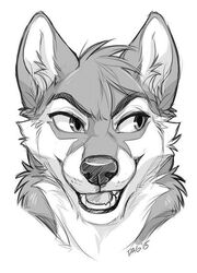  anthro black_nose bust_portrait canid canine canis dagger_leonelli fur looking_away male mammal monochrome portrait sharp_teeth simple_background smile solo teeth wolf 