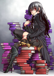  black_footwear black_hair black_legwear book book_stack boots canine coat commentary_request crossed_legs earrings female from_side harumi_kazuhito headpat high_heel_boots high_heels highres hime_cut holding holding_scissors inu_to_hasami_wa_tsukaiyou jewelry knee_boots long_hair long_sleeves looking_at_viewer natsuno_kirihime red_eyes scissors sitting smile stud_earrings thighhighs too_many uousa-ou 