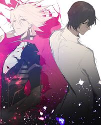  2boys arjuna_(fate) asamiyajy bad_id bad_twitter_id bishounen black_bodysuit blonde_hair bodysuit brown_eyes brown_hair cape closed_mouth dark-skinned_male dark_skin earrings eyeshadow fate/grand_order fate_(series) green_eyes hair_between_eyes half-closed_eyes jewelry karna_(fate) long_sleeves looking_at_viewer looking_back makeup male_focus multiple_boys spikes torn_bodysuit torn_clothes 