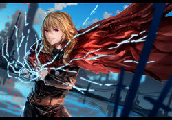  advarcher blonde_hair commentary commission cosplay edward_elric edward_elric_(cosplay) english_commentary female fullmetal_alchemist gloves letterboxed long_coat prosthesis prosthetic_arm rwby smirk solo trait_connection yang_xiao_long 