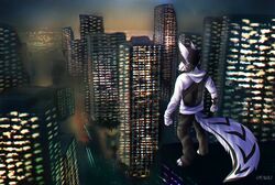  2016 anthro ark_dedran assassin&#039;s_creed backpack biped building canid canine canis city cityscape claws clothed clothing detailed_background digital_media_(artwork) domestic_dog downtown_miami fur gypsywolf hidden_blade high_place hoodie husky hybrid jex mammal miami night nordic_sled_dog paint palm_tree plant scenery sky skyscraper solo spitz standing topwear tree ubisoft weapon 