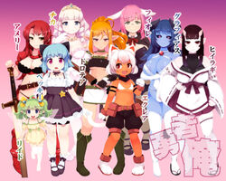  6+girls animal_ears black_hair black_sclera blue_eyes blue_hair blue_skin cat_ears cat_tail colored_sclera colored_skin commentary_request green_eyes green_hair horns lillithlauda long_hair multiple_girls orange_hair original pink_hair pointy_ears rabbit_ears red_eyes red_hair short_hair sword tail weapon 