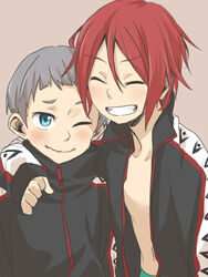  2boys arm_around_shoulder bad_id bad_pixiv_id blue_eyes blush free! grey_hair grin jacket male_focus matsuoka_rin multiple_boys nitori_aiichirou open_clothes open_jacket open_mouth red_hair ree_(re-19) sharp_teeth smile teeth topless_male wavy_mouth 