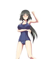  absurdres angry arm_under_breasts armpits ass_visible_through_thighs black_hair breast_hold breasts brown_eyes cleavage clenched_hand clenched_teeth commentary_request embarrassed female highres infinite_stratos kuroda_ariake large_breasts long_hair looking_at_viewer orimura_chifuyu photoshop_(medium) simple_background solo sweatdrop swimsuit teeth white_background 