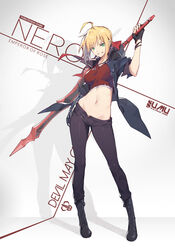  aestus_estus ahoge arm_at_side arm_up black_footwear black_gloves black_jacket blonde_hair boots breasts character_name contrapposto cosplay crop_top cross-laced_footwear devil_may_cry devil_may_cry_5 fate/extra fate_(series) fingerless_gloves full_body gloves green_eyes grey_background highres jacket jewelry lace-up_boots looking_at_viewer medium_breasts midriff namesake navel nero_(devil_may_cry) nero_(devil_may_cry)_(cosplay) nero_claudius_(fate) nero_claudius_(fate)_(all) nian open_clothes open_jacket pants pendant purple_pants smile solo standing taut_clothes 