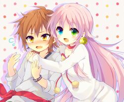  1boy bad_id bad_pixiv_id bell bell_earrings blue_eyes blush brown_hair earrings female flat_chest green_eyes heterochromia hug hug_from_behind jewelry k-project long_hair neko_(k-project) oerba_yun_fang open_mouth pink_hair poooka sweat tears yata_misaki yellow_eyes 