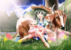  :d animal animal_on_lap blue_eyes blurry blush_stickers boots bovine commentary_request depth_of_field female flower forest grass green_hair hair_between_eyes hat horns kuroda_ariake lens_flare looking_at_viewer low_ponytail nature nose_piercing nose_ring on_lap open_mouth original outdoors overalls piercing pig river round_teeth sitting smile sun_hat teeth tree 