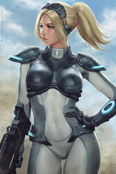  2018 armor artist_name blonde_hair blue_sky bodysuit boobplate breastplate breasts cloud commentary covered_navel cowboy_shot english_commentary female floating_hair goggles goggles_on_head green_eyes grey_bodysuit gun hand_on_own_hip highres holding holding_gun holding_weapon italian_commentary large_breasts lips looking_away looking_to_the_side makeup mascara medium_hair mixed-language_commentary nose nova_(starcraft) outdoors parted_lips photoshop_(medium) ponytail realistic sciamano240 short_ponytail shoulder_armor sidelocks signature sky solo standing starcraft terran weapon wind 