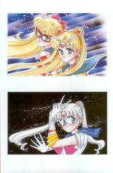  1990s_(style) 2girls aino_minako bishoujo_senshi_sailor_moon blonde_hair blue_eyes blue_sailor_collar bow choker circlet closed_mouth codename_wa_sailor_v concept_art crescent crescent_facial_mark domino_mask double_bun earrings elbow_gloves facial_mark forehead_mark gloves hair_bun hair_ornament hairbow hand_up highres jewelry lips long_hair magical_girl mask multiple_girls official_art open_hand phonecard red_bow red_choker retro_artstyle sailor_collar sailor_moon sailor_moon_(prototype) sailor_senshi_uniform sailor_v shoulder_pads smile takeuchi_naoko tiara tsukino_usagi twintails v white_choker white_gloves white_hair 