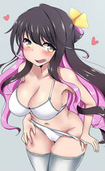  black_hair bra breasts commentary_request cowboy_shot female from_above highres kantai_collection kashiwamochi_(kashiwakashiwa) large_breasts long_hair looking_at_viewer multicolored_hair naganami_(kancolle) navel oerba_yun_fang open_mouth panties pink_hair solo standing thighhighs underwear undressing white_bra white_panties white_thighhighs yellow_eyes 