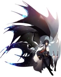  1boy asamiyajy black_gloves black_hair black_jacket black_pants cape commentary_request copyright_request full_body gloves highres jacket korean_commentary long_hair looking_at_viewer male_focus multiple_wings pants red_eyes solo sword transparent_background weapon white_cape wings 