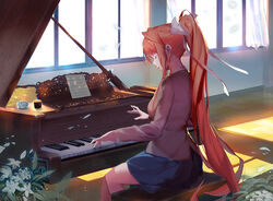  blazer blue_skirt bow breasts brown_hair classroom closed_eyes closed_mouth commentary cup cupcake curtains day doki_doki_literature_club female food grand_piano grey_jacket guratan hairbow indoors instrument jacket long_hair long_sleeves medium_breasts monika_(doki_doki_literature_club) music photoshop_(medium) piano piano_bench plant playing_instrument playing_piano pleated_skirt ponytail potted_plant ribbon school school_uniform sheet_music sidelocks sitting skirt solo sunlight tea teacup very_long_hair white_bow white_ribbon window 