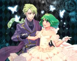  1boy ai-kun alternate_costume alternate_hairstyle ascot asymmetrical_bangs bare_shoulders black_gloves breasts brera_sterne brother_and_sister buttons cero_(cerocero) commentary_request detached_sleeves double-breasted dress female formal gloves green_hair hand_on_another&#039;s_hip hand_up looking_at_another macross macross_frontier open_mouth ranka_lee red_eyes see-through short_hair siblings small_breasts smile strapless tiara white_gloves 