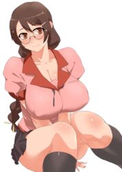  black_hair braid breasts cleavage commentary_request female glasses hanekawa_tsubasa highres large_breasts light_smile long_hair minakami_(flyingman555) monogatari_(series) naoetsu_high_school_uniform school_uniform simple_background solo thighs white_background 