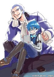  2boys blue_eyes blue_hair caster_(fate/extra_ccc) caster_(fate/strange_fake) coat fate/extra_ccc fate/strange_fake fate_(series) glasses multiple_boys open_mouth pants red_eyes scarf shoes short_hair shorts 