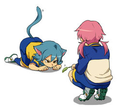  2boys all_fours animal_ears aqua_hair cat_ears cat_tail cat_teaser commentary_request from_behind inazuma_eleven_(series) inazuma_eleven_go jacket kariya_masaki kirino_ranmaru long_hair lowres male_focus multiple_boys pink_hair raimon raimon_soccer_uniform riho simple_background soccer_uniform sportswear squatting tail track_jacket twintails white_background 