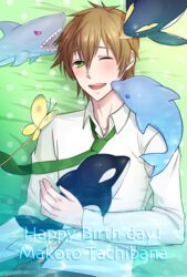  1boy bad_id bad_pixiv_id bird blush brown_hair bug butterfly commentary_request dolphin free! green_eyes highres iwatobi_high_school_uniform male_focus necktie one_eye_closed open_mouth penguin school_uniform shark smile tachibana_makoto tachibana_rintarou whale 