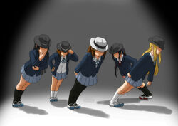  5girls akiyama_mio commentary_request erkaz hat hirasawa_yui k-on! kotobuki_tsumugi leaning leaning_forward multiple_girls nakano_azusa pantyhose parody photoshop_(medium) sakuragaoka_high_school_uniform school_uniform shoes smooth_criminal tainaka_ritsu uwabaki 