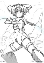  autumn-north bodysuit exelica female fighting_stance headgear mecha_musume monochrome solo trigger_heart_exelica weapon 