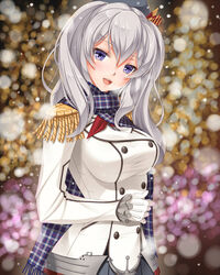  :d anchor belt beret black_hat blue_scarf blurry blurry_background blush bow breasts breath buttons coat commentary_request double-breasted epaulettes eyebrows female frilled_sleeves frills gloves grey_hair grey_skirt hair_between_eyes hammerman_benkei hand_on_own_stomach hat head_tilt kantai_collection kashima_(kancolle) large_breasts light long_hair long_sleeves looking_at_viewer military military_uniform neckerchief open_mouth plaid plaid_scarf pleated_skirt purple_eyes red_neckerchief red_ribbon ribbon round_teeth scarf short_twintails skirt smile snow snowing solo teeth twintails uniform upper_body wavy_hair white_coat white_gloves 