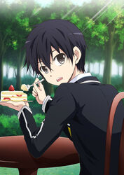  1boy black_eyes black_hair cake commentary_request food fork haruhana highres kirito looking_back photoshop_(medium) short_hair sitting sword_art_online table uniform 