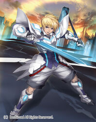  1boy armor armored_boots blonde_hair blue_eyes boots cardfight!!_vanguard cloud commentary_request company_name gloves knight_of_drawn_sword male_focus niccohudou official_art open_mouth sky solo sword teeth weapon 