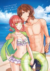  1boy arm_around_shoulder bad_id bad_pixiv_id beach bikini braid breasts brown_eyes brown_hair cleavage cloud day female innertube kotobuki_reiji medium_breasts nanami_haruka navel no_nipples one_eye_closed outdoors pink_hair short_hair sky swim_ring swimsuit tachibana_rintarou topless_male uta_no_prince-sama water yellow_eyes 