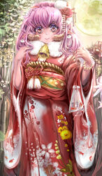  animal_ears bag bagged_fish bell bracelet collar commentary_request female fish flower full_moon hair_flower hair_ornament highres horns japanese_clothes jewelry kimono kntrs_(knyrs) looking_at_viewer moon neck_bell obi original pointy_ears purple_eyes purple_hair sash sheep_ears sheep_girl sheep_hair_ornament sheep_horns smile solo 