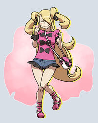  bag blonde_hair breasts commentary_request cosplay cynthia_(pokemon) denim denim_shorts female habatakuhituji hair_over_one_eye large_breasts long_hair pokemon pokemon_xy shauna_(pokemon) shauna_(pokemon)_(cosplay) short_shorts shorts solo thigh_gap very_long_hair 