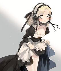  apron asamiyajy black_bow black_dress blonde_hair bow clothes_lift commentary_request cowboy_shot dress dress_lift embarrassed female garter_straps grey_background hairbow juliet_sleeves korean_commentary long_sleeves looking_at_viewer maid maid_headdress original parted_lips puffy_sleeves solo sweatdrop thighhighs waist_apron white_apron white_thighhighs 