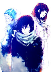  2boys black_hair blue_eyes clenched_hand coat commentary_request female hand_up hands_in_pockets hat highres iki_hiyori looking_at_viewer medium_hair multiple_boys noragami open_mouth poker-face-008 pom_pom_(clothes) purple_eyes scarf school_uniform yato_(noragami) yukine_(noragami) 