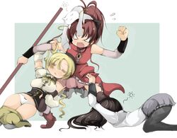  3girls =_= akemi_homura akemi_homura_(magical_girl) beret black_hair black_thighhighs blonde_hair boots bow commentary_request drill_hair hairbow hat kyuubee magical_girl mahou_shoujo_madoka_magica mahou_shoujo_madoka_magica_(anime) multiple_girls name_john oerba_yun_fang panties pantyhose polearm red_hair revision sakura_kyoko sakura_kyoko_(magical_girl) thighhighs tomoe_mami tomoe_mami_(magical_girl) underwear weapon 