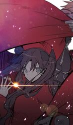  1boy archer_(fate) asamiyajy bad_id bad_twitter_id black_bow black_shirt blue_eyes bow brown_hair cape closed_mouth fate/stay_night fate_(series) female gem glint hairbow holding lens_flare long_hair looking_at_viewer red_cape red_shirt shirt solo_focus standing tohsaka_rin twintails 