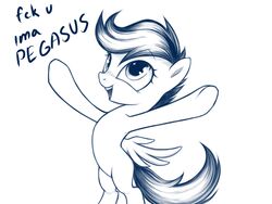  2013 4:3 blue_and_white english_text equid equine feathered_wings feathers female feral friendship_is_magic hair hasbro mammal monochrome my_little_pony mythological_creature mythological_equine mythology pegasus pose rainbow_(artist) scootaloo_(mlp) smile solo text wings young young_feral 