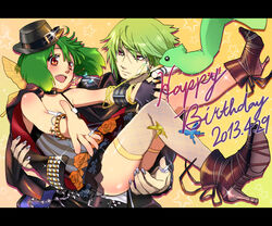  1boy ai-kun ankle_boots bare_shoulders black_gloves boots bracelet brera_sterne brother_and_sister carrying cero_(cerocero) choker commentary_request dated female fingerless_gloves gloves green_hair grey_nails half_gloves happy_birthday hat hat_belt high_heel_boots high_heels jewelry macross macross_frontier nail_polish open_mouth outstretched_arms princess_carry ranka_lee red_eyes ring scar scar_on_face short_hair siblings single_glove sleeveless smile thumb_ring 