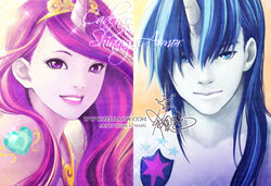  1boy artist_name blue_eyes blue_hair blue_skin cadance_(my_little_pony) character_name colored_skin commentary english_commentary female horns jewelry lips long_hair looking_at_viewer multicolored_hair my_little_pony parted_lips personification purple_eyes shining_armor signature single_horn smile two-tone_hair watermark web_address zelda_c_wang 