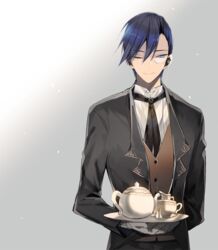  1boy asamiyajy black_jacket black_necktie blue_eyes blue_hair brown_vest butler closed_mouth commentary_request creamer_(vessel) cup gloves grey_background hair_between_eyes holding jacket korean_commentary long_sleeves male_focus monocle necktie one_eye_closed original shirt smile solo standing teacup teapot tray vest white_gloves white_shirt 