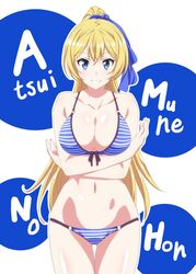  bad_id bad_twitter_id bikini blonde_hair blue_bikini blue_eyes breast_hold breasts cleavage commentary_request crossed_arms female grin joukamachi_no_dandelion kobayashi_shinpei large_breasts looking_at_viewer ponytail sakurada_hikari smile solo striped_bikini striped_clothes swimsuit thigh_gap thighs 