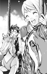  1boy aged_down carousel female greyscale highres kurokiba_ryou monochrome nakiri_alice official_art saeki_shun shokugeki_no_souma smile 