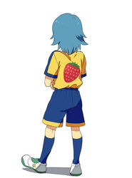  1boy aqua_hair commentary_request food from_behind fruit inazuma_eleven_(series) inazuma_eleven_go kariya_masaki long_hair male_focus raimon raimon_soccer_uniform riho simple_background soccer_uniform solo sportswear strawberry white_background 