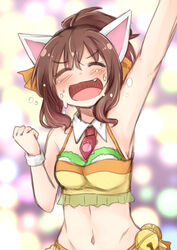  ^_^ animal_ears arm_up bell brown_hair cat_ears closed_eyes commentary_request female idolmaster idolmaster_cinderella_girls maekawa_miku midriff mukunoki_nanatsu navel oerba_yun_fang open_mouth ponytail short_hair solo 