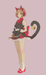  adapted_costume animal_ear_headphones animal_ears bell belt black_gloves black_one-piece_(module) brown_eyes brown_hair cat_ear_headphones cat_ears cat_tail collared_shirt commentary_request daigoman fake_animal_ears female full_body gloves grey_background headphones high_heels highres jingle_bell looking_at_viewer meiko_(vocaloid) necktie polka_dot project_diva_(series) red_footwear sakine_meiko sash shirt short_hair skirt sleeveless sleeveless_shirt smile socks solo swept_bangs tail tail_bell tail_ornament vocaloid white_socks 