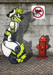  anthro canid canine clenched_teeth desperation extended_arms fire_hydrant fur hi_res hiked_leg holding_crotch knock-kneed mammal mounted_sign no_symbol omorashi pigeon_toed potty_dance prohibition_sign raised_leg shaking sign sign_graphic solo standing teeth trembling wioletniru 