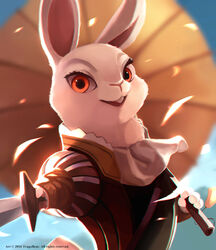  2016 amber_(armello) anthro armello buckteeth cherry_blossom clothed clothing cravat english_text female first_person_view flower fur lagomorph league_of_geeks leporid looking_at_viewer mammal melee_weapon parasol pink_nose plant prunus_(flower) rabbit red_eyes smile solo sword teeth text tragobear weapon white_body white_fur 