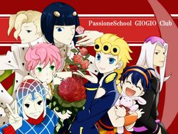  6+boys bad_id bad_pixiv_id black_hair blonde_hair bouquet bruno_bucciarati commentary_request female flower giorno_giovanna guido_mista hat jojo_no_kimyou_na_bouken leone_abbacchio multiple_boys narancia_ghirga ouran_high_school_host_club pannacotta_fugo parody pink_hair stuffed_animal stuffed_rabbit stuffed_toy style_parody trish_una v vento_aureo white_hair xxxceller 