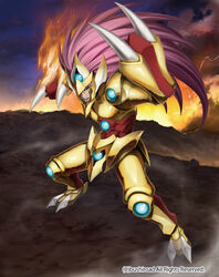  1boy armor armored_boots boots cardfight!!_vanguard claw_(weapon) commentary_request company_name crimson_lion_beast_howell fire gloves green_eyes helmet long_hair male_focus niccohudou official_art open_mouth pink_hair sky solo teeth weapon 