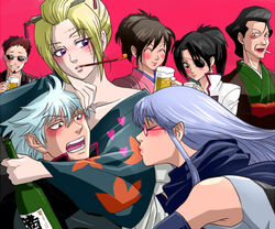  3mm 5girls alcohol black_hair blonde_hair blush drunk eyepatch folded_ponytail gintama glasses hasegawa_taizou heart hug hug_from_behind long_hair multiple_boys multiple_girls otose pipe ponytail sakata_gintoki sarutobi_ayame scar shimura_tae smile tsukuyo tsukuyo_(gintama) yagyuu_kyuubei 