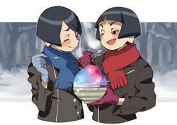  2boys :q black_hair blunt_bangs blush bowl bowl_cut brothers brown_eyes closed_eyes commentary_request eating ebisugawa_ginkaku ebisugawa_kinkaku food gloves hand_on_own_face jacket leather leather_jacket matching_outfits multiple_boys one_eye_closed open_mouth scarf shaved_ice siblings sigumado66 snow spoon swept_bangs tongue tongue_out tree twins uchouten_kazoku 